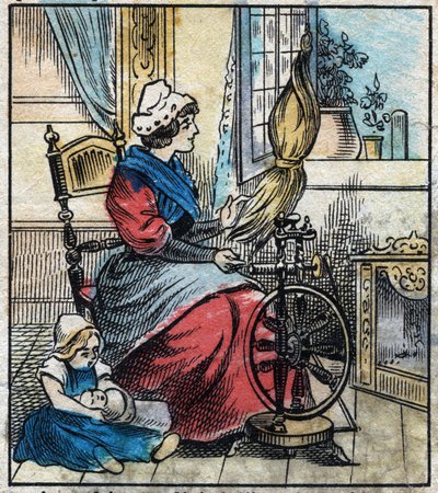 Textile, lin. Une femme utilise un rouet mécanique pour filer le lin. Gravure. Imagerie d