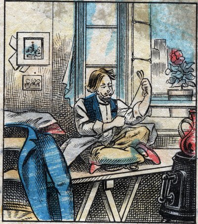 Textile, lin. Fil à coudre coupé en écheveaux. Gravure. Imagerie d