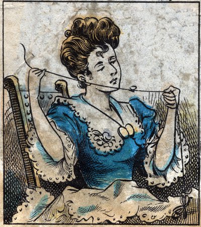 Textile, lin. Femme utilisant une boule pour utiliser des fils à coudre. Gravure. Imagerie d