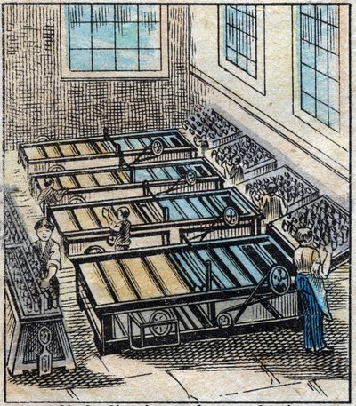 Textile, lin : atelier. Le lin est composé de plusieurs fils simples qui sont ensuite teints ou blanchis puis glacés et recouverts de cire d