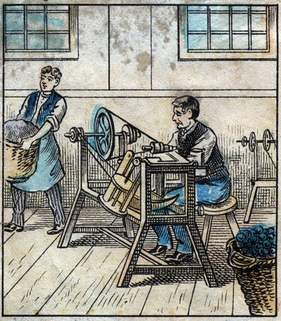 Textile, lin : atelier. Le fil à coudre est disposé sur des cartes ou des rouleaux en boule. Gravure. Imagerie d
