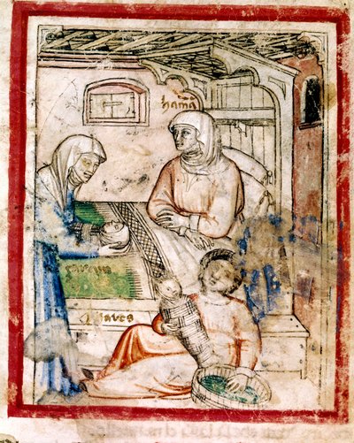 Thamar (Tamar) donne naissance à deux jumeaux, Perets et Zerah, fils de Juda, Miniature du codex 212 (ou codex padovano ou Bible de Padoue) 1390-1400 - French School