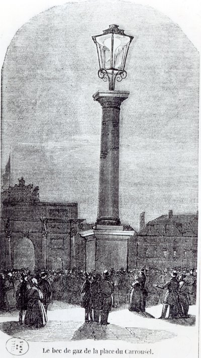 Le premier réverbère à gaz à Paris, Place du Carrousel en 1818 - French School