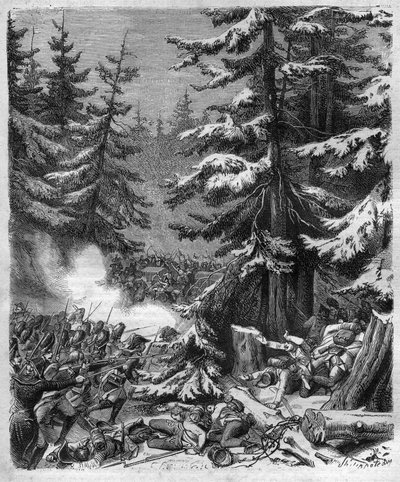 La bataille de Hohenlinden (près de Munich, Allemagne) le 12 Frimaire, IX (3 décembre 1800) entre les troupes françaises du général Jean Victor (Jean-Victor) Moreau et les forces autrichiennes et bavaroises commandées par l