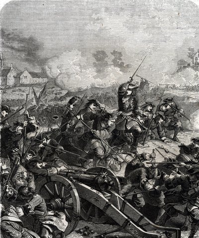 Bataille de Landen ou Neerwinden, en Belgique actuelle, le 29 juillet 1693, pendant la guerre de Neuf Ans (gravure) - French School
