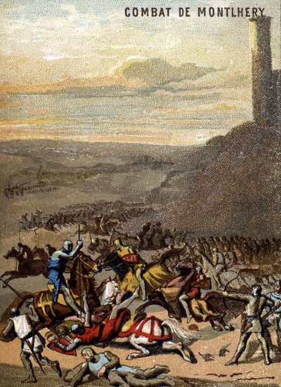 La bataille de Montlhéry (1227) : Les royaumes et la féodalité - Blanche de Castille, régente de son fils Louis IX mate la révolte des grands féodaux. Chromolithographie de la série « Éducation patriotique par l