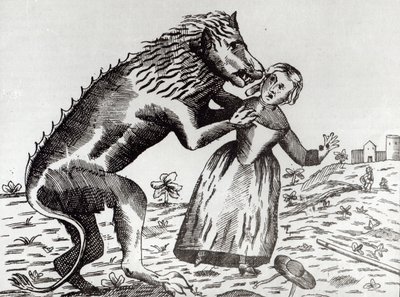 La Bête du Gévaudan attaquant une jeune fille - French School