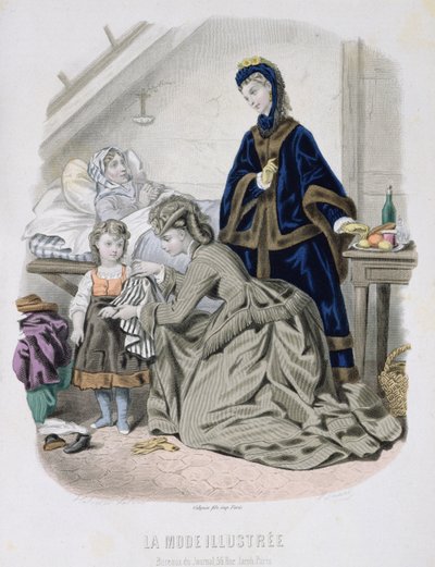 La visite charitable, illustration de La Mode Illustrée, vers 1870 - French School