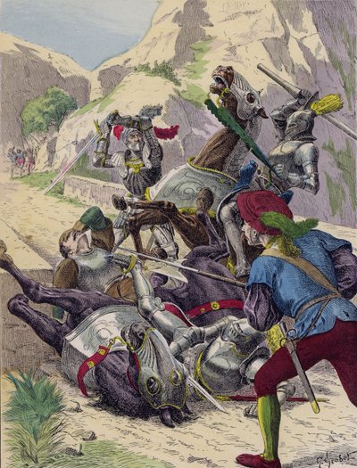 Le chevalier de Bayard défendant seul le pont du Garigliano, en Italie, contre les Espagnols. - French School