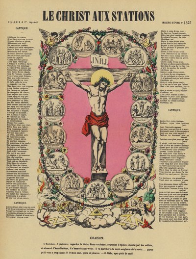 La crucifixion de Jésus et le chemin de croix (lithographie couleur) - French School