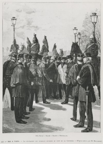 La délégation des syndicats au Pont de la Concorde lors de la manifestation du 1er mai à Paris, 1er mai 1890, gravé par L. Moulignie - French School