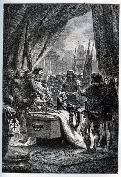 Le gouverneur anglais de Châteauneuf-de-Randon (Châteauneuf-de-Randon, Auvergne) se rend et vient déposer les clés de la place sur le cercueil de Bertrand du Guesclin (1320-1380), le 13 juillet 1380 devant lequel la ville était assiégée. - French School