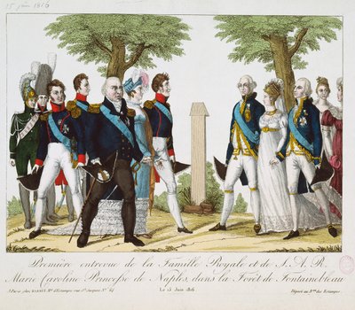 La première rencontre entre Louis XVIII (1755-1824) et Marie-Caroline-Ferdinande (1798-1870) de Bourbon, à la Croix de St. Herem dans la forêt de Fontainebleau, 15 juin 1816, 1816-30 - French School