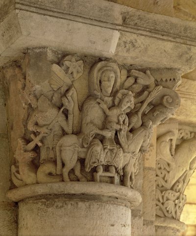 La Fuite en Égypte, relief de chapiteau de colonne de l