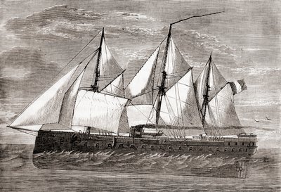 Le cuirassé français Gloire, le premier cuirassé océanique, lancé en 1859, extrait de Les Merveilles de la Science, publié vers 1870 (gravure) - French School