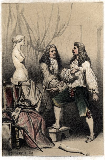 Le sculpteur français Pierre Puget (1620-1694) appréhendé de casser sa Vénus suite à la proposition médiocre de son commanditaire. Planche tirée de « Scènes de la vie d