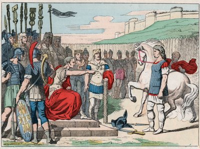 Le chef gaulois Vercingétorix (80-46 av. J.-C.) se rend à Jules César (100-44 av. J.-C.) à Alésia en 52 av. J.-C. - Vercingétorix (72-46 av. J.-C.) chef gaulois, se rendant à César à Alésia (France) - Gravure de la fin du XIXe siècle dans « Nos Gloires Nat - French School