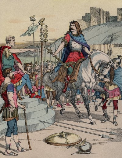 Le chef gaulois Vercingétorix (72-46 av. J.-C.) se rendant au chef romain Jules César (100-44 av. J.-C.) après la bataille d