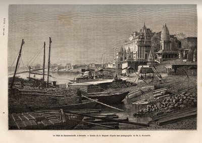 Le ghat de Bénarès (actuelle Varanasi) (ghat désignant les marches qui couvrent les rives des rivières et les berges des bassins et réservoirs permettant de descendre au contact de l