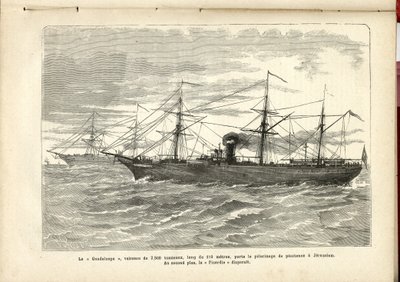 Le « Guadeloupe », un navire de 2 500 tonnes, mesure 110 mètres de long, transporte le pèlerinage pénitentiel à Jérusalem., Anonyme, Le Pèlerin - French School
