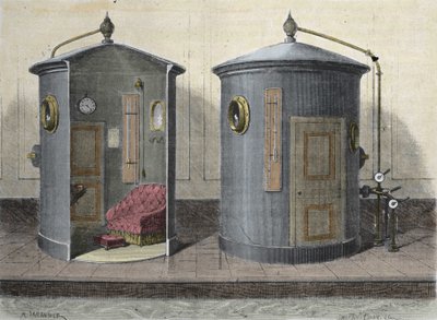 La chambre hyperbare par Paul Bert, physiologiste et homme politique français. Gravure de 1855 - French School