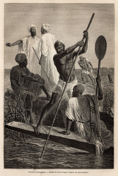 Les bateliers du Cachemire, dans les environs de Srinagar, en plein travail - Gravure pour illustrer le récit du Pandjab et du Cachemire, par Guillaume Lejean en 1866, publié dans « Le Tour du Monde » 1870-1871, édité par Edouard Charton, édition Hachette - French School