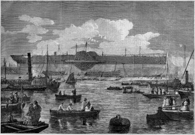 Le « Leviathan » (Great Eastern), le premier paquebot géant, lors de sa tentative de lancement en 1857. Gravure dans « Le Monde Illustré » n°31 du 14 novembre 1857. - French School