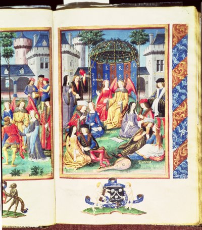 Le Jardin magique, avec des figures allégoriques de Richesse, Courtoisie, Libéralité, Beauté, Amour, Candeur et Jeunesse, du Roman de la Rose - French School