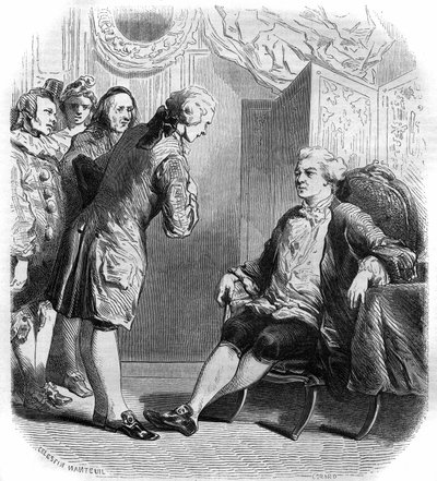 Le marquis de Puysieulx recevant Philippe Néricault Destouches (1680-1754) et sa troupe de comédiens itinérants. Gravure de 1858-1859. - French School