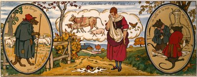 La laitière et le bidon de lait, tiré des "Fables" de Jean de La Fontaine (1621-95), carte de visite des chocolats suisses "Peter, Cailler, Kohler" (lithographie couleur) - French School