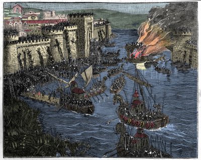 Les Normands, dirigés par Rollon, assiègent Paris en 885, illustration de France et les Français à travers les siècles, 1884 - French School