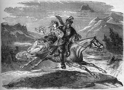 La légende polonaise de la princesse Heligonde et du comte de Tyniec Walgerz. Les deux amoureux fuient en Pologne. Gravure dans « L