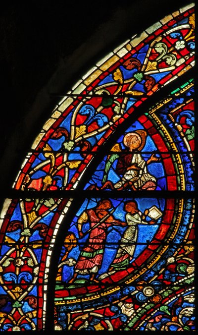 Fenêtre du Fils Prodigue : musiciens à la fête ; ange - French School