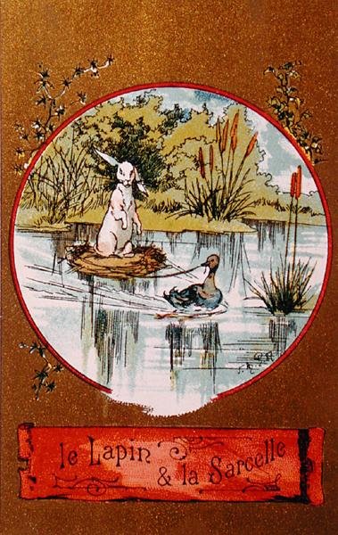Le Lapin et le Canard, carte illustrée représentant la fable de Jean de la Fontaine (1621-95) c.1880 - French School