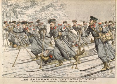 La Croix-Rouge transportant des Russes blessés sur des skis pendant la guerre russo-japonaise (1904-05) de Le Petit Journal, vers 1904 - French School