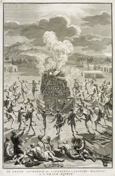 Le sacrifice à Quitchi-Manitou, ou Le Grand Esprit, par les Canadiens, illustration des Cérémonies et coutumes religieuses, gravée par Bernard Picart, 1723 - French School