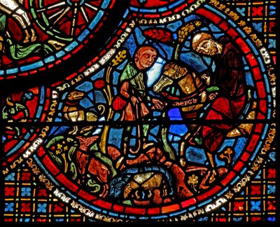 Saint Lubin : son éducation - un moine lui donne une ceinture avec un alphabet inscrit - French School