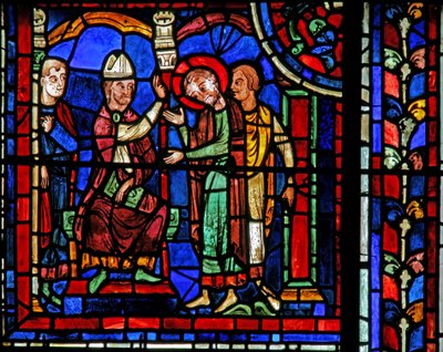 La fenêtre de Saint Martin : le saint reçoit une bénédiction de Saint Hilaire - French School