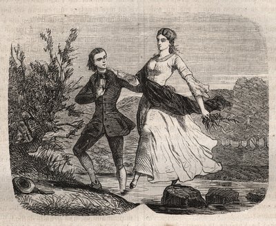 Le philosophe suisse Jean-Jacques Rousseau aidant Mademoiselle Galley à traverser un ruisseau. Gravure de 1871 dans "Histoire Des Cocus Célèbres" de Henry de Kock - French School