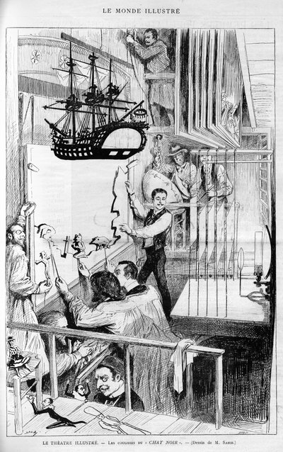 Le Théâtre illustré : dans les coulisses du "Chat noir". Gravure dans "Le Monde Illustré", 1888. - French School
