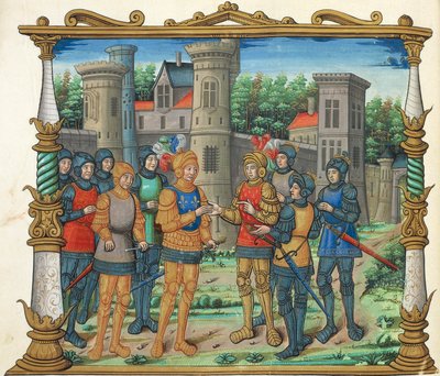 Le Traité de Conflans entre Louis XI et le Duc de Bourgogne, miniature des Mémoires de Philippe de Commynes, manuscrit folio 32 verso, France, XVIe siècle - French School