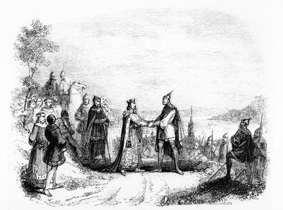 Le traité de Saint Clair-sur-Epte entre Charles III Le Simple (879-929) roi de France (898-923) et Rollon le Viking en 911 - French School