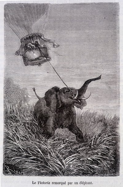 Le Victoria remorqué par un éléphant - dans « Cinq semaines en ballon », roman de Jules Verne - French School