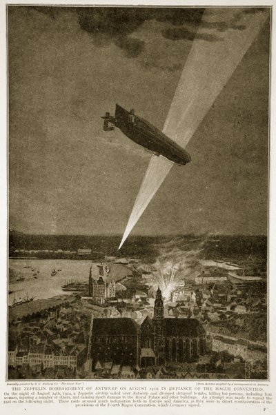Le bombardement de Zeppelin sur Anvers le 24 août 1914 en défi de la Convention de La Haye, 1914-19 - French School