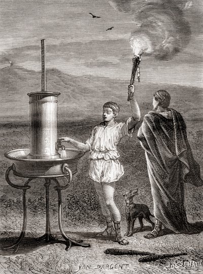 Le système de sémaphore hydraulique grec antique utilisé par Énée pour envoyer un message, 4ème siècle avant JC, des Merveilles de la Science, publié vers 1870 (gravure) - French School