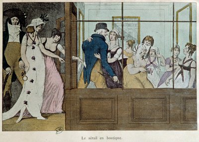 La boutique de rendez-vous : le sérail dans la boutique Une maison de prostitution au Palais Royal à Paris. Lithographie du début du XVIIIe siècle Paris, arts décoratifs - French School
