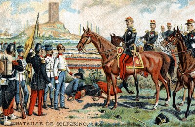 La bataille de Solférino (Italie) entre les armées franco-sardes (victorieuses) et autrichiennes (vaincues) en 1859. Chromolithographie du 19ème siècle. - French School