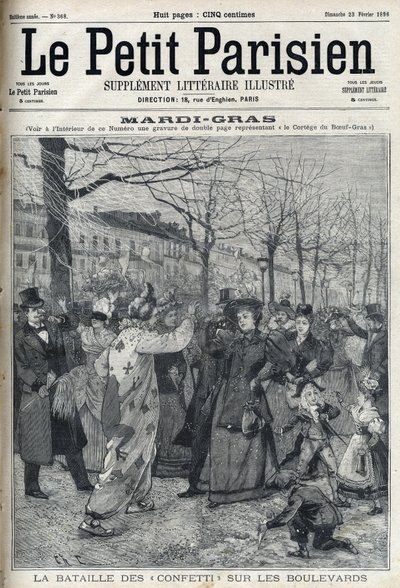 La bataille de confettis sur le boulevard parisien pendant Mardi Gras. Gravure dans "Le Petit Parisien" - French School