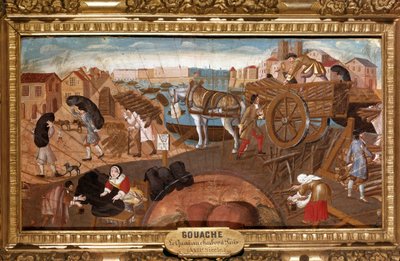 Le quai de charbon à Paris Scène du commerce du charbon dans les rues de Paris. Peinture anonyme sur éventail de l
