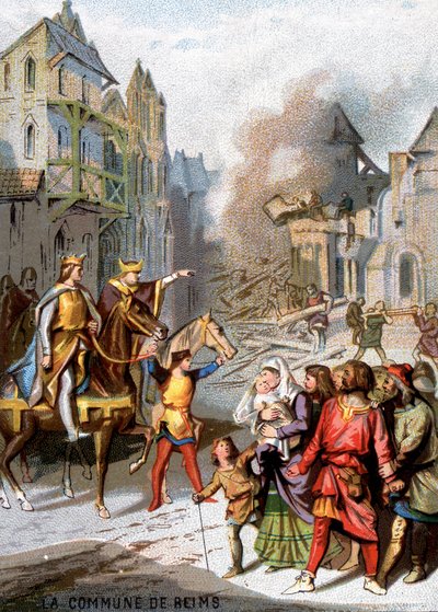 La commune de Reims (1160) - Représailles de Louis VII pour détruire les libertés communales des bourgeois de Reims. Chromolithographie de la série « Éducation patriotique par l